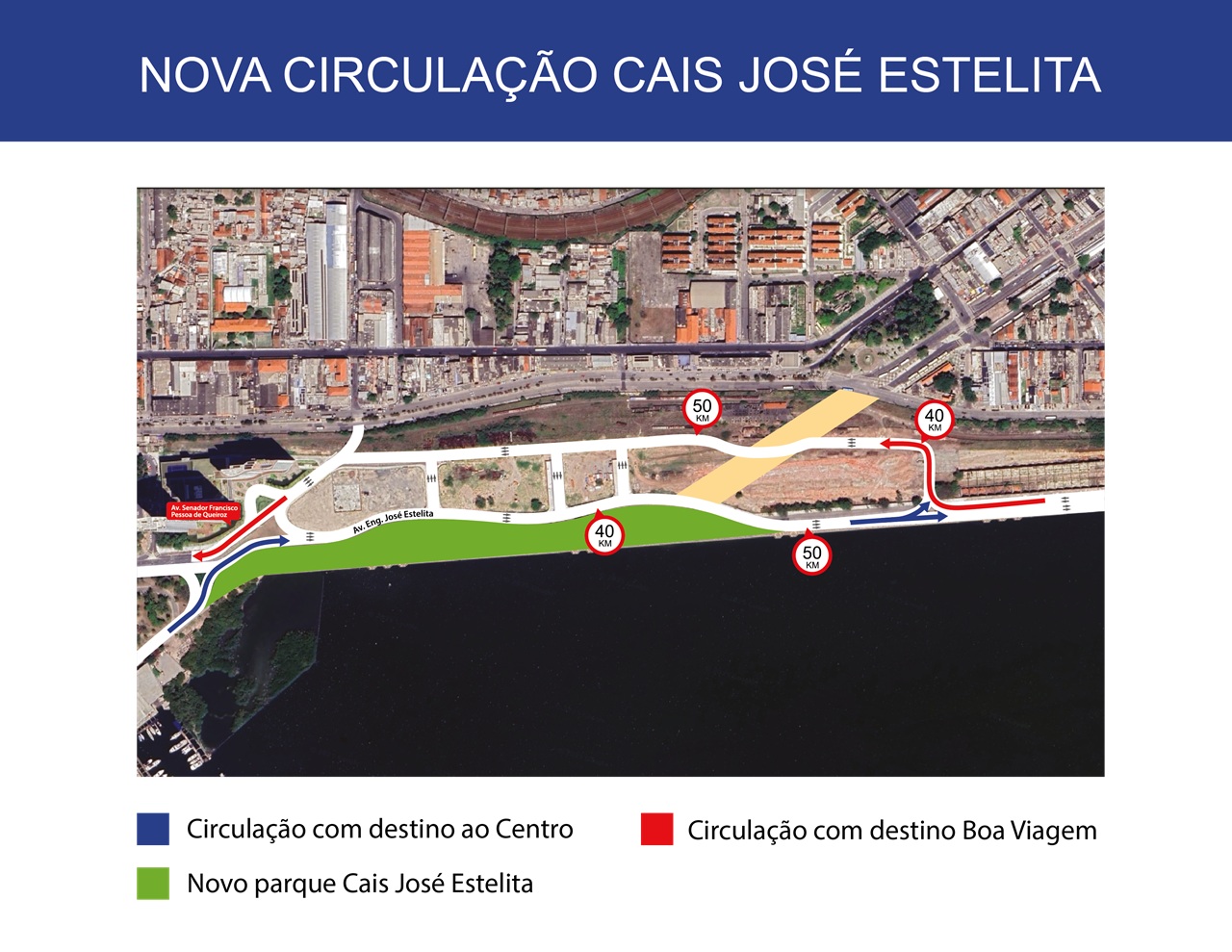 O o novo Cais será erguido sobre as atuais psitas do José Estelita. A nova circualação será feita em seis faixas de rolamento