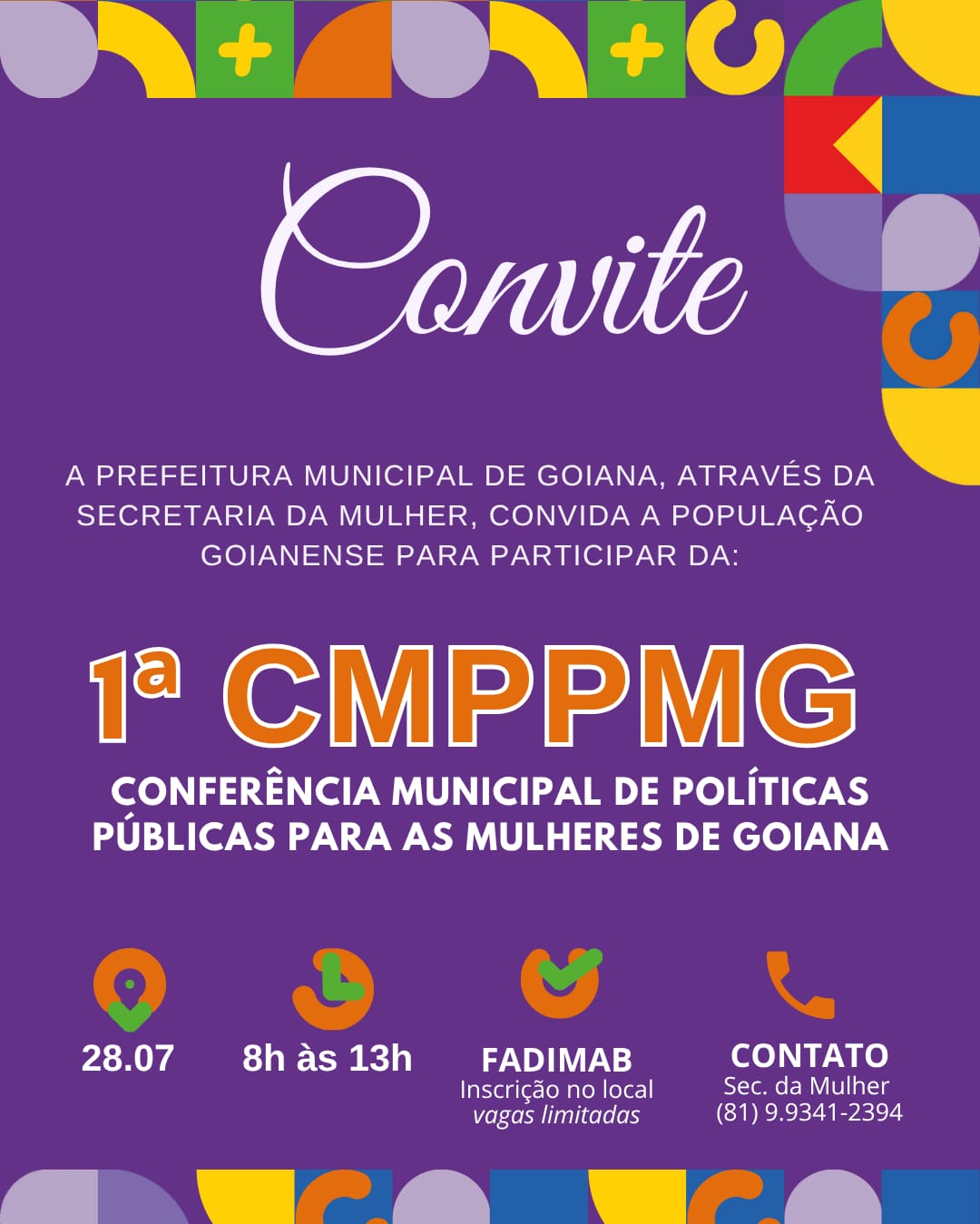 Prefeitura de Goiana promove, em 28 de julho, a 1ª Conferência Municipal de Políticas Públicas para as Mulheres