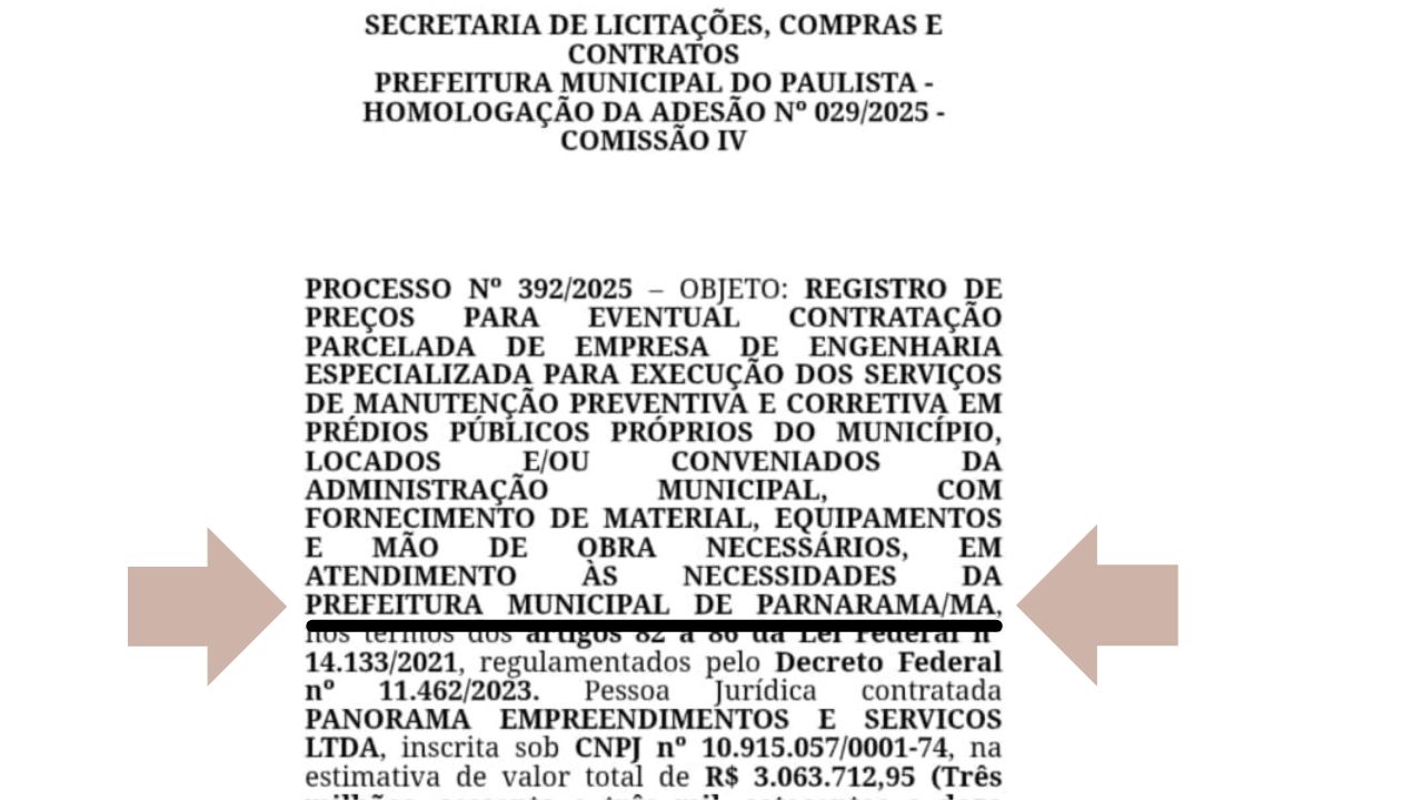 Licitação de R$ 3 milhões do Paulista aprsenta erro no seu texto. Ao invés do nome da cidade, aparece o nome de outro município