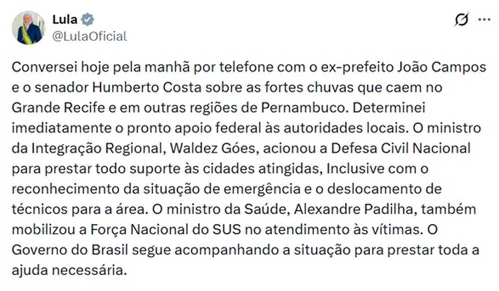 Chuvas em Pernambuco mobilizam João Campos e Humberto Costa, que acionam Lula e garantem apoio do Governo federal com Defesa Civil e reforço do SU