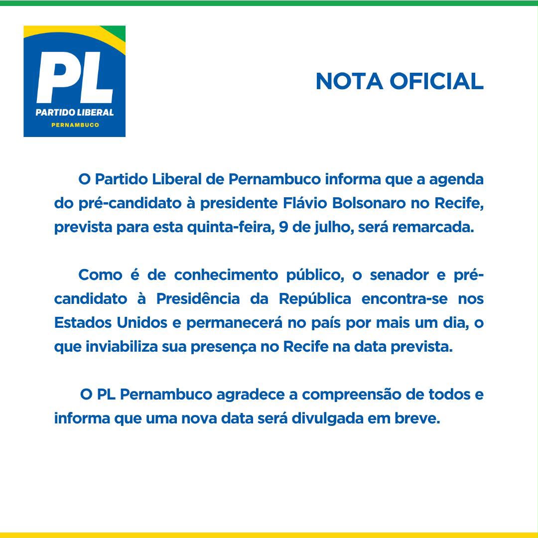 PL Pernambuco adia agenda de Flávio Bolsonaro no Recife, prevista para 9 de julho. Nova data da visita será anunciada